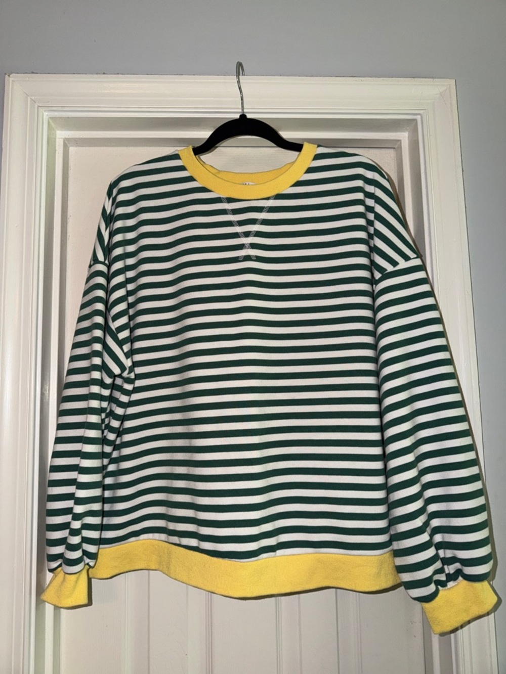Green & White Striped Sweatshirt with Yellow Trim